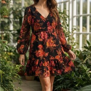 Halogen Black Mini Dress with Red-Orange Floral Print